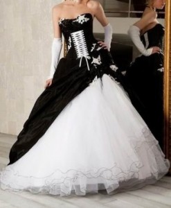 white wedding dress with black accents
